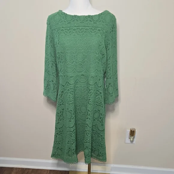 Chico’s Kelly Green Crochet-Style Lace Dress NWT Long Sleeve Midi Embroidered - Picture 2 of 10